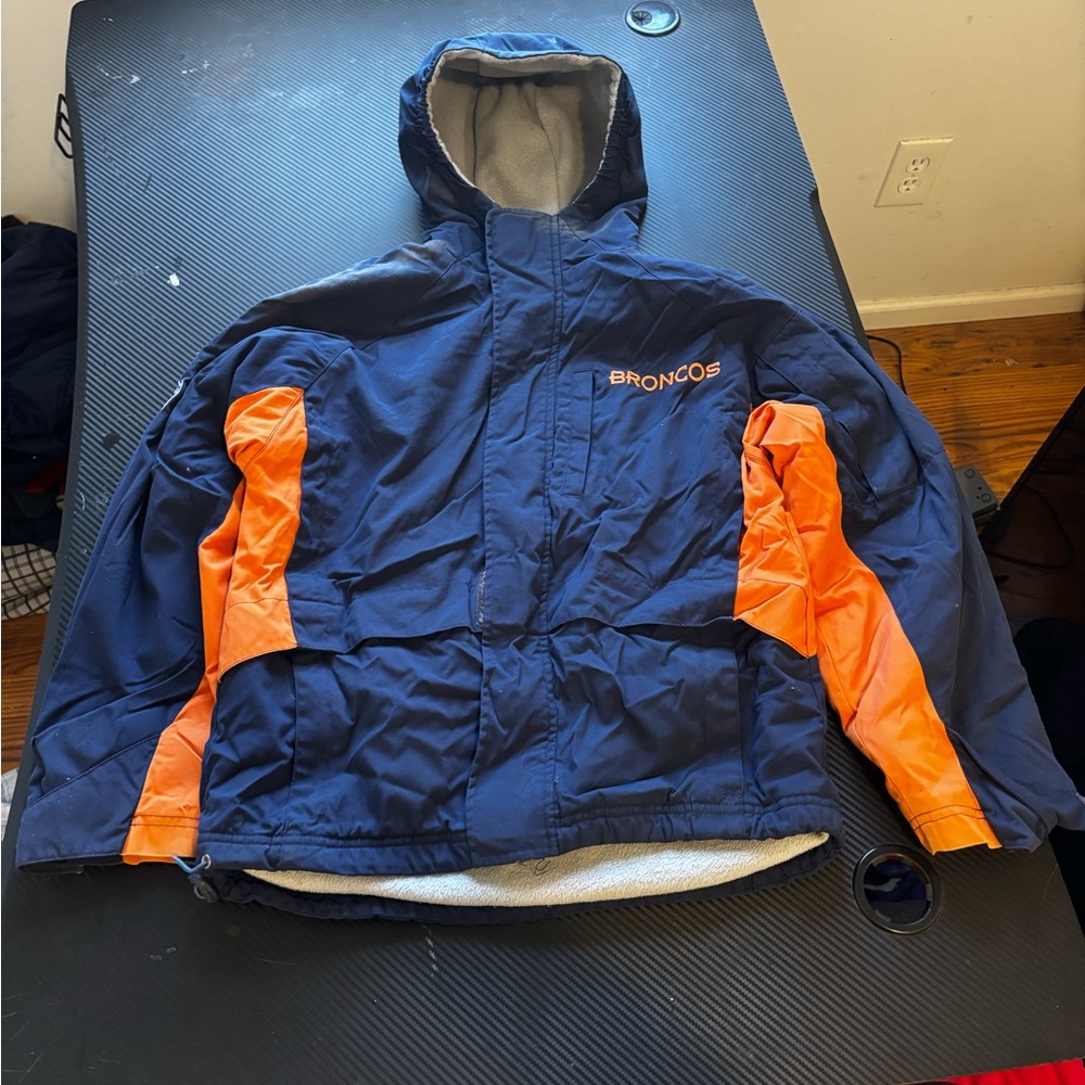 Vintage NFL Kids Rain/Snowcoat Navy and Orange size M MEASUREMENTS SHOWN